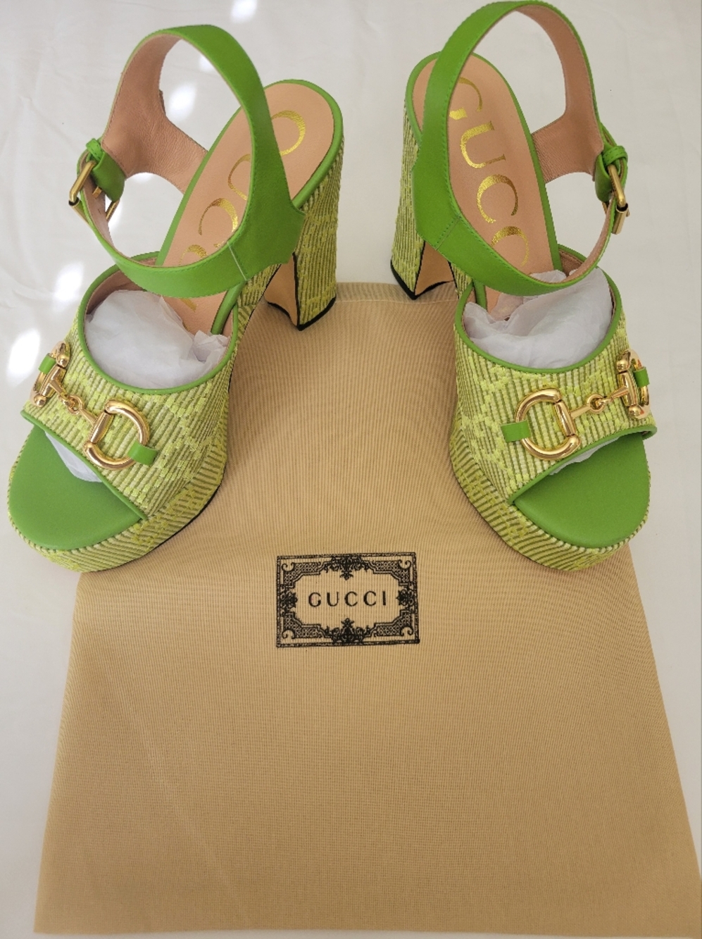 Gucci Lime Green Platform Sandals with Gold Horsebit
